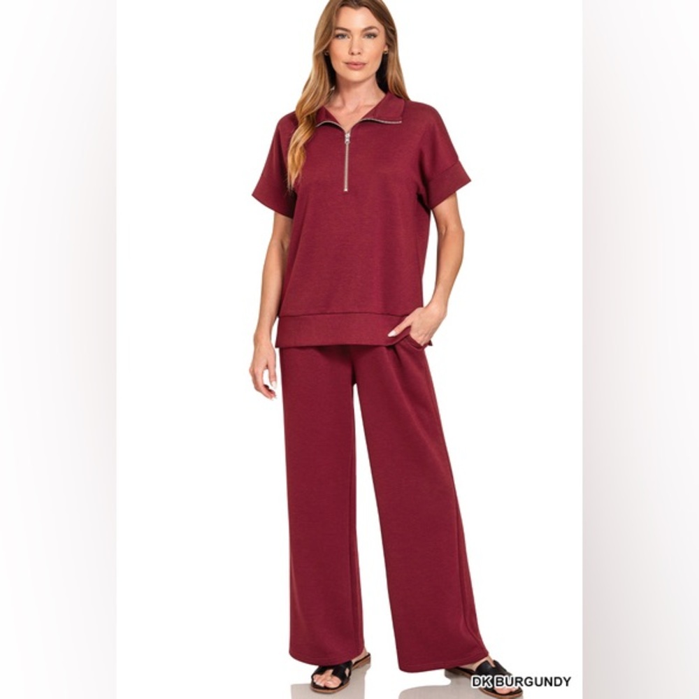Zenana SCUBA HIGH NECK HALF ZIP TOP & PANTS SET - Picture 2 of 3